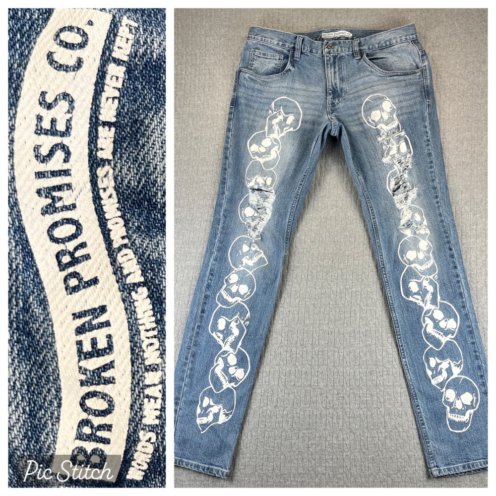 Broken Promises Skull Jeans‎ men 34/33X33 Straight Leg Distressed punk rock/roll
